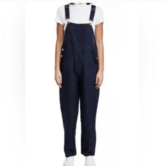 NWT We Wore What Overalls Womens Navy Blue Gold Hardware 100% Linen Medium